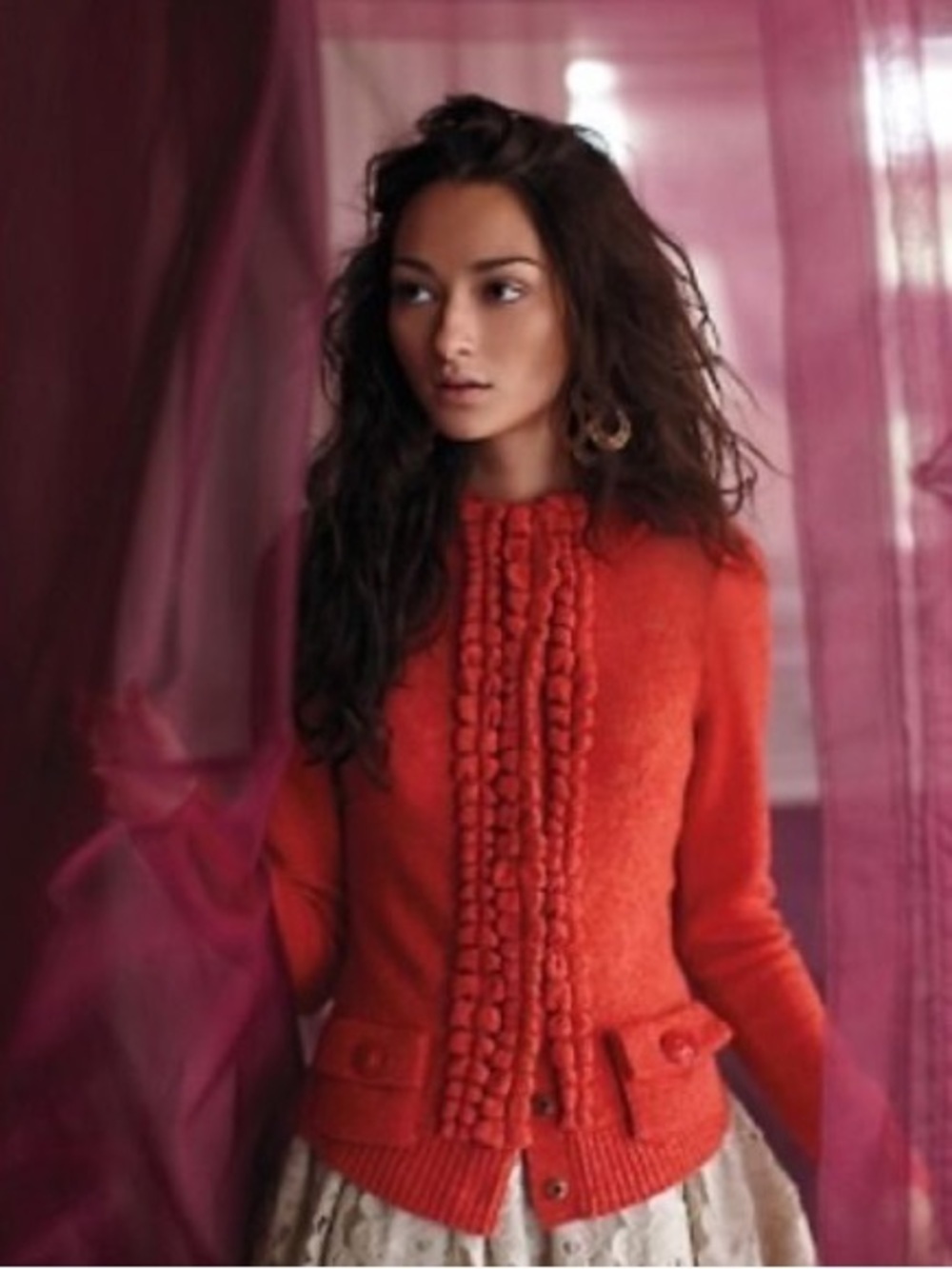 Moth Anthropologie Floating Sparks Ruffle Cardigan S Orange Wool Sweater Twee